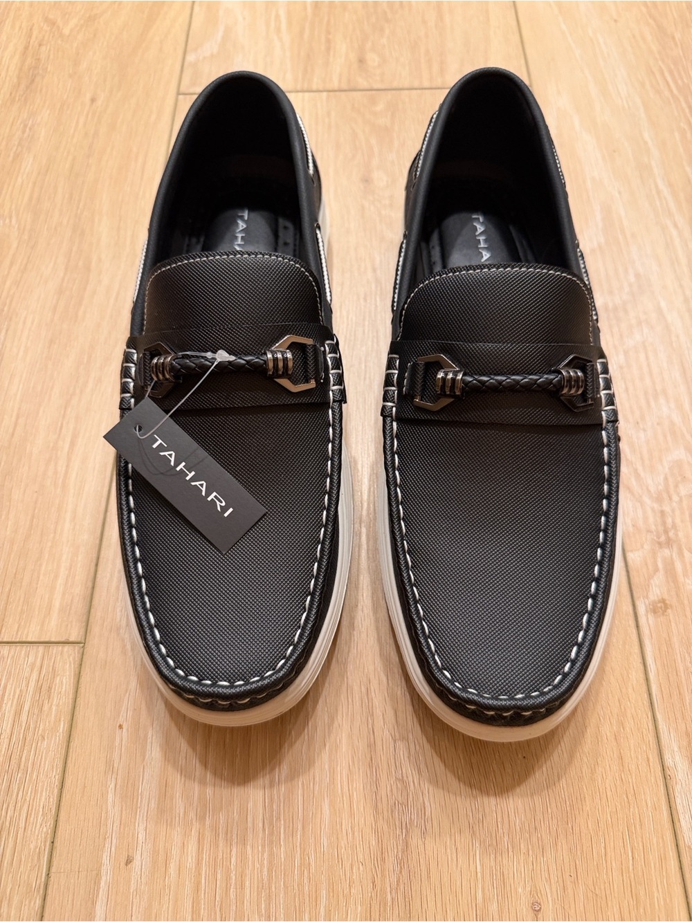 Tahari Black Braided Bit Slip-On Loafers with White Stitching